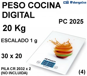 PESO COCINA DIGITAL 20 Kg PC-2025 ORBEGOZO